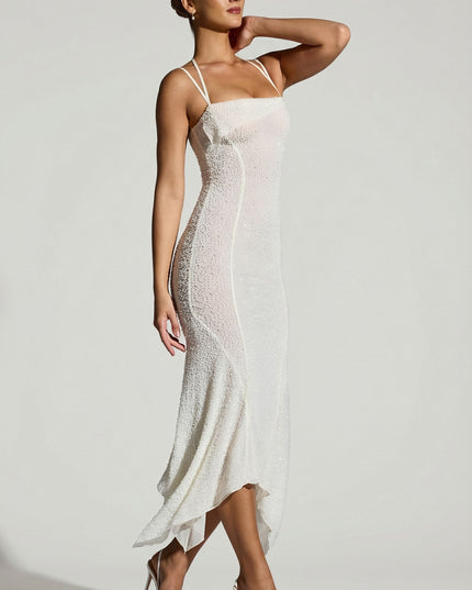 White Embellished Handkerchief Hem Maxi Dress