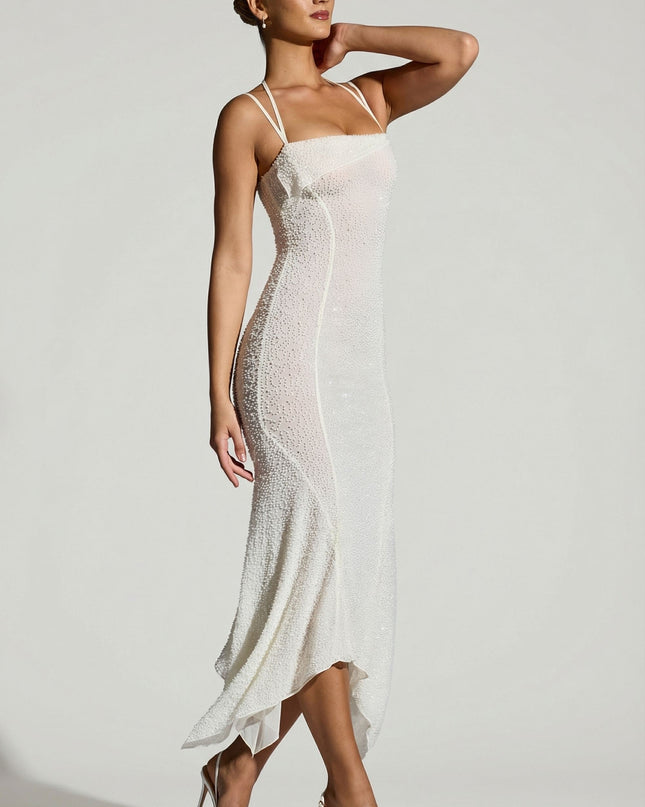 White Embellished Handkerchief Hem Maxi Dress