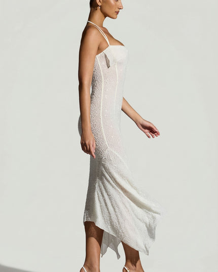 White Embellished Handkerchief Hem Maxi Dress