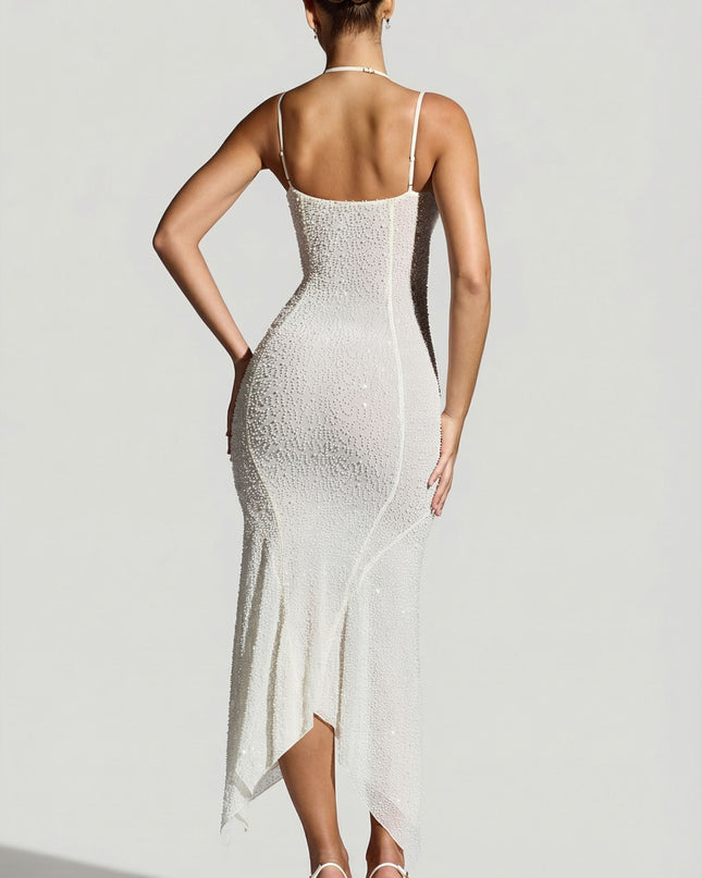 White Embellished Handkerchief Hem Maxi Dress