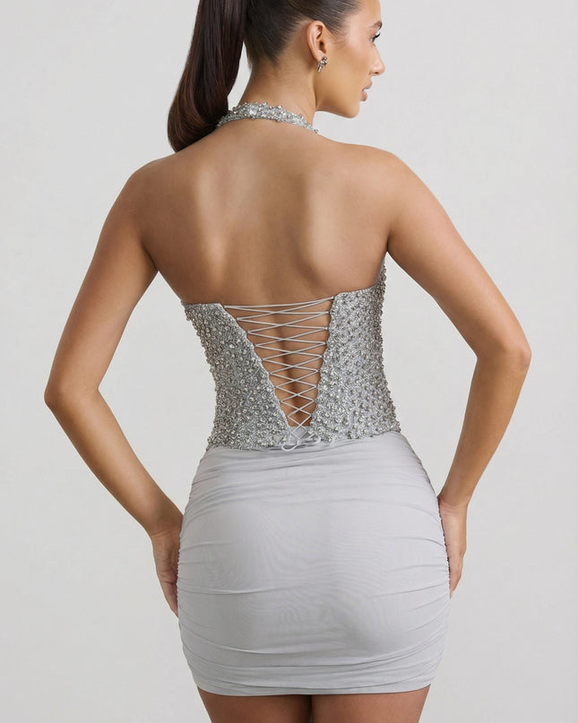 Silver Ruched Mid-Rise Mini Skirt