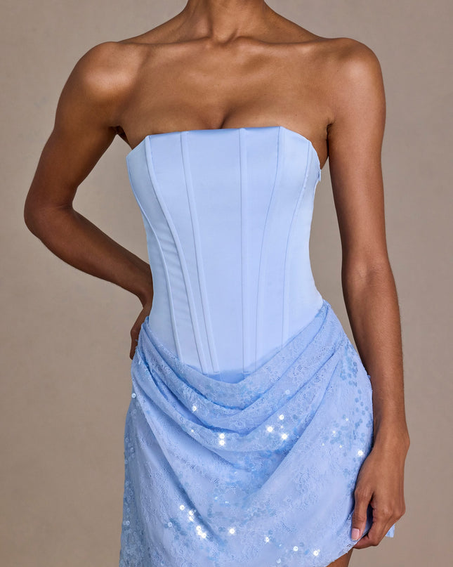 Sky Blue Satin Embellished Skirt Mini Dress