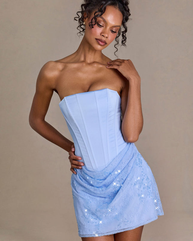 Sky Blue Satin Embellished Skirt Mini Dress