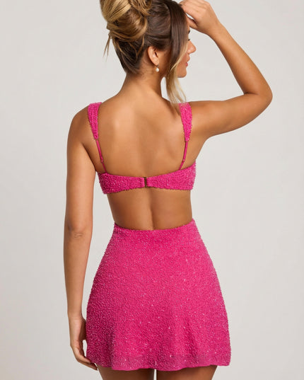 Fuschia Embellished Cut Out Mini Dress