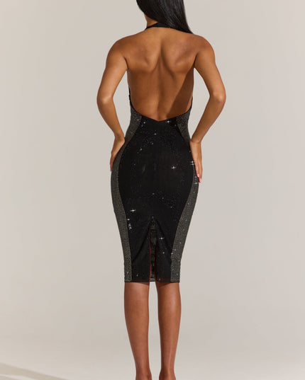 Black Embellished Plunge Halterneck Midi Dress