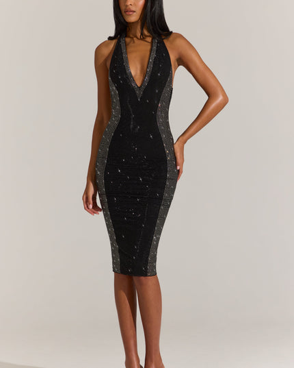 Black Embellished Plunge Halterneck Midi Dress
