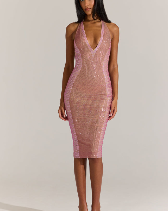 Blossom Pink Embellished Plunge Halterneck Midi Dress