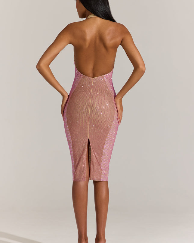 Blossom Pink Embellished Plunge Halterneck Midi Dress