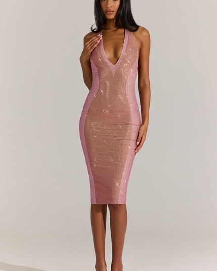 Blossom Pink Embellished Plunge Halterneck Midi Dress
