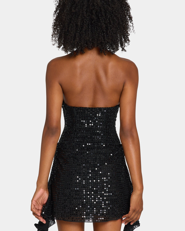Black Embellished Draped Corset A-Line Mini Dress