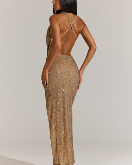 Gold Leopard Embellished Plunge Cowl Neck Maxi Dress