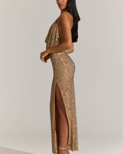 Gold Leopard Embellished Plunge Cowl Neck Maxi Dress