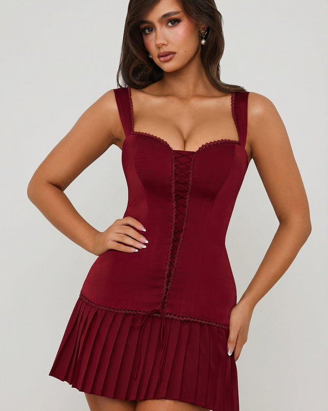 Berry Red Bow-Detail Lace-Up Corset Mini Dress