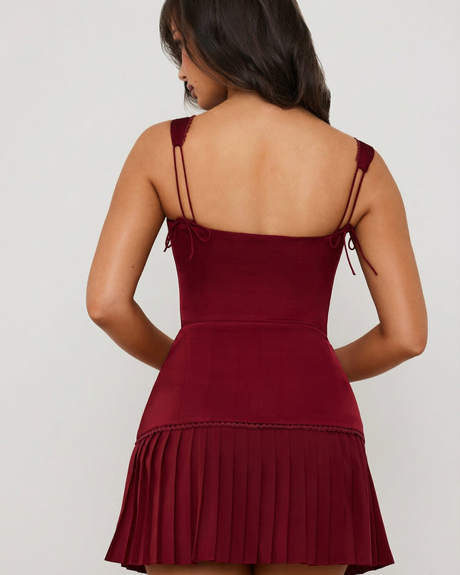 Berry Red Bow-Detail Lace-Up Corset Mini Dress