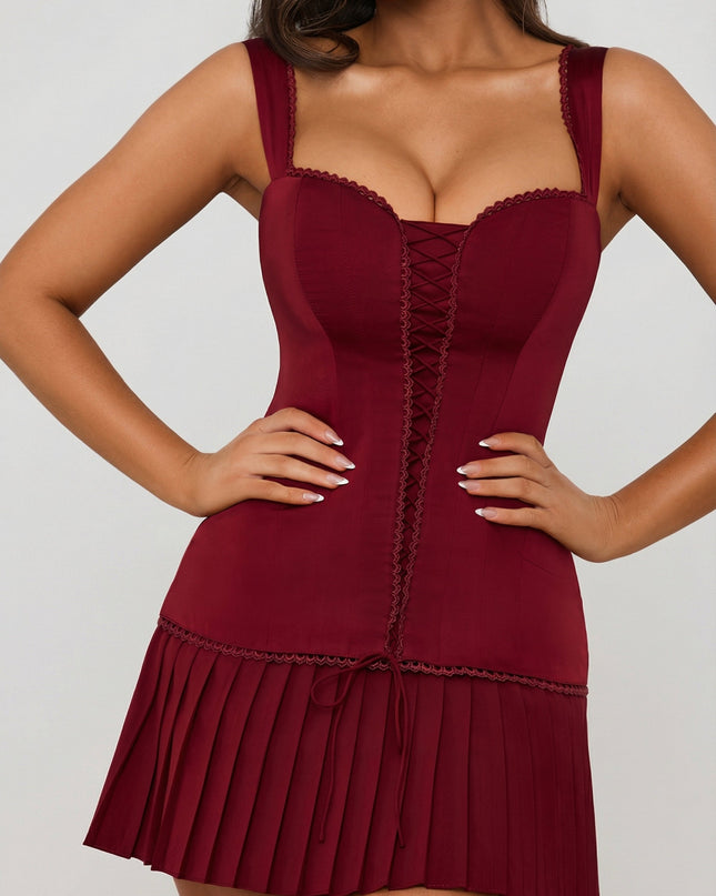 Berry Red Bow-Detail Lace-Up Corset Mini Dress