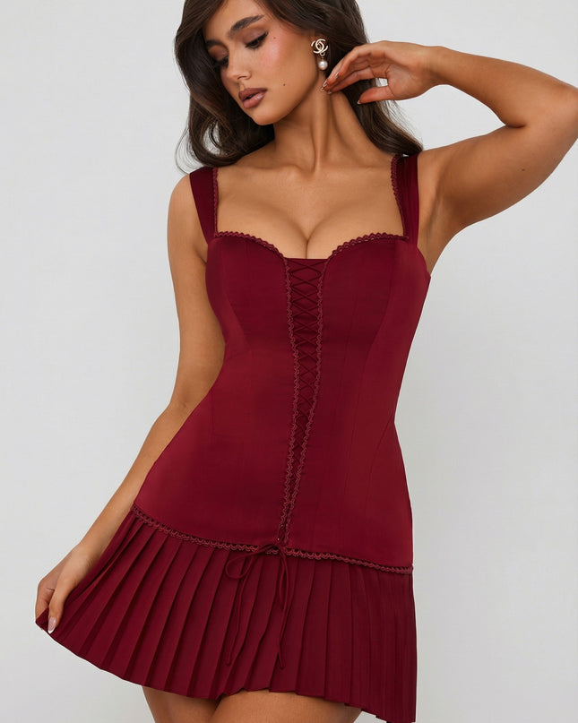 Berry Red Bow-Detail Lace-Up Corset Mini Dress
