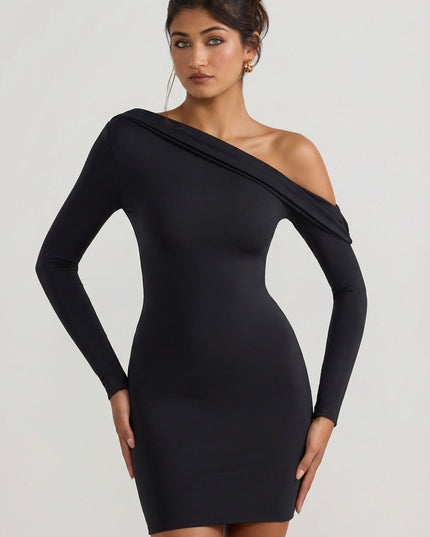 Black Off-Shoulder Ruched Mini Dress