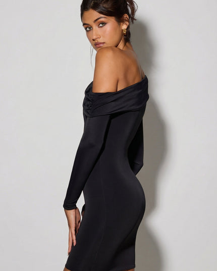 Black Off-Shoulder Ruched Mini Dress