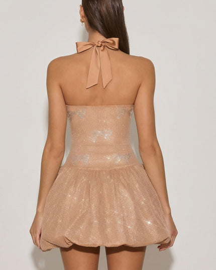 Almond Embellished Halterneck Bubble Hem Mini Dress
