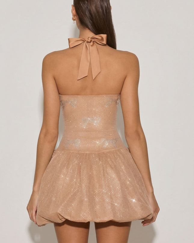 Almond Embellished Halterneck Bubble Hem Mini Dress