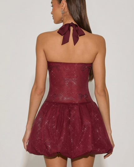 Wine Red Embellished Halterneck Bubble Hem Mini Dress