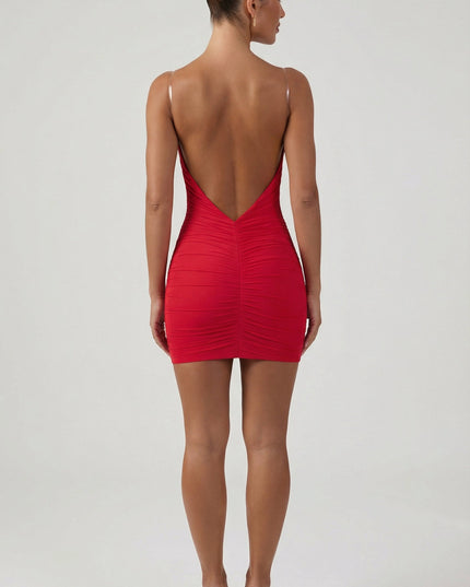 Red Ruched Backless Bodycon Mini Dress