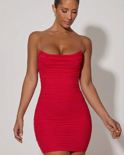 Red Ruched Backless Bodycon Mini Dress