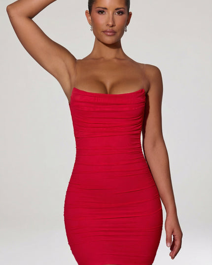 Red Ruched Backless Bodycon Mini Dress