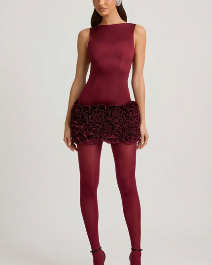 Wine Red Satin Floral Appliqué Open-Back Mini Dress