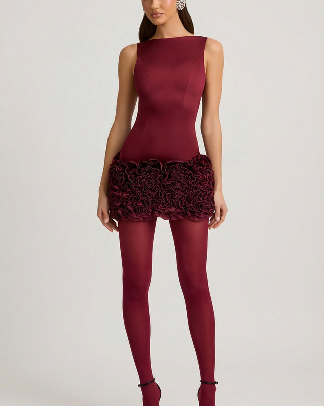 Wine Red Satin Floral Appliqué Open-Back Mini Dress