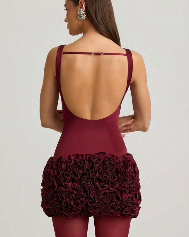 Wine Red Satin Floral Appliqué Open-Back Mini Dress