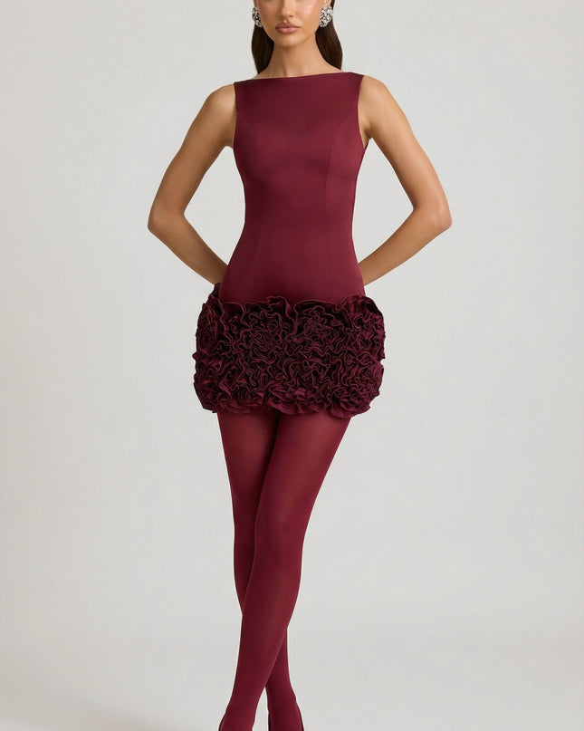 Wine Red Satin Floral Appliqué Open-Back Mini Dress