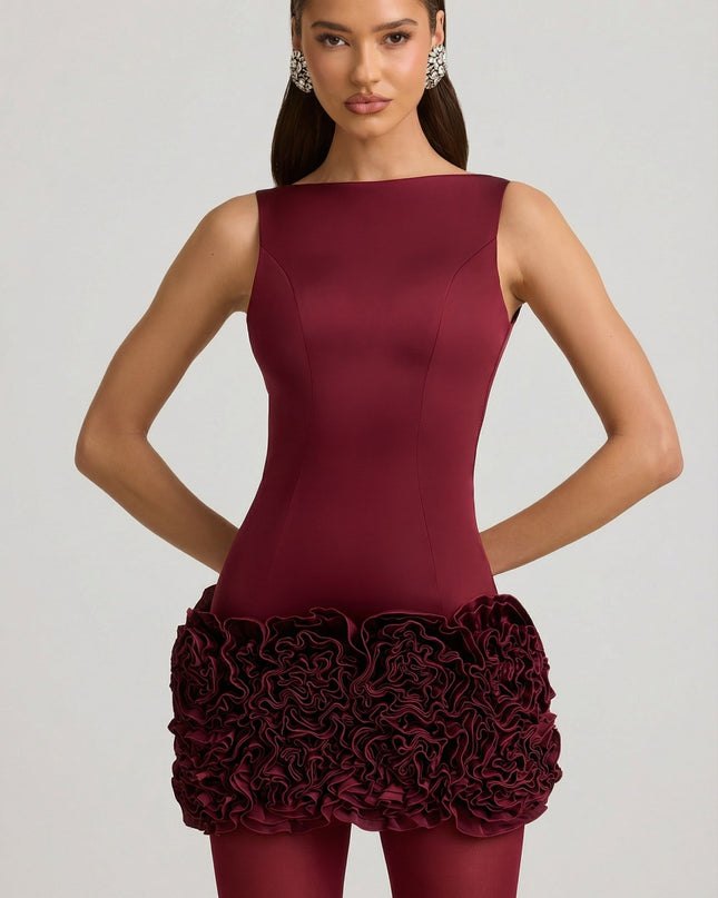 Wine Red Satin Floral Appliqué Open-Back Mini Dress