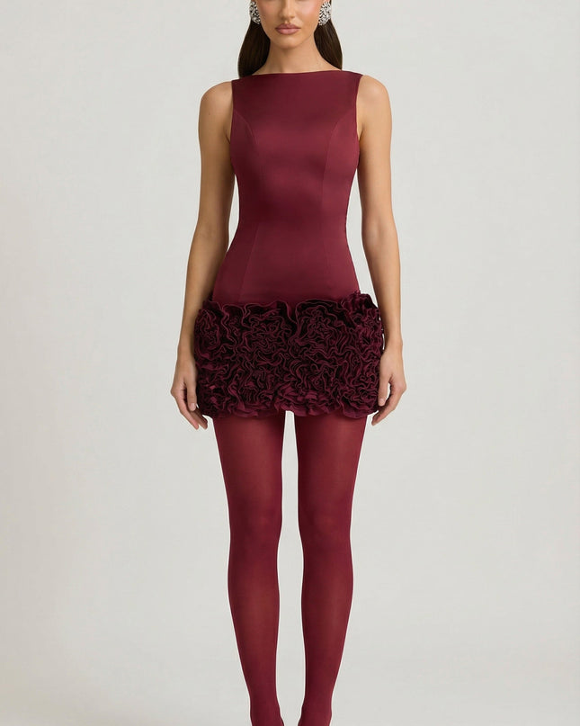 Wine Red Satin Floral Appliqué Open-Back Mini Dress