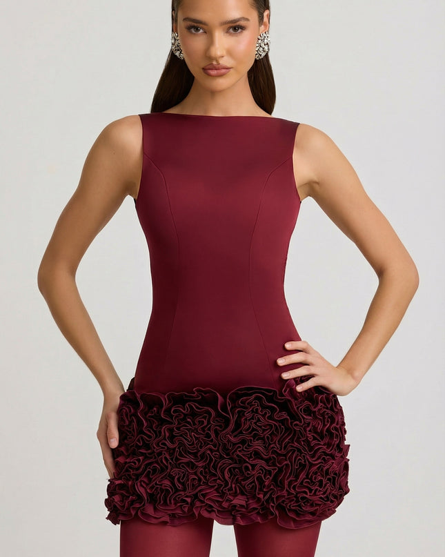 Wine Red Satin Floral Appliqué Open-Back Mini Dress