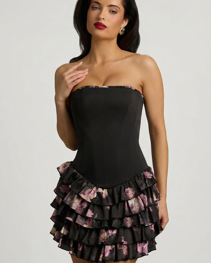 Black Floral Print Strapless Ruffled Tiered Corset Mini Dress