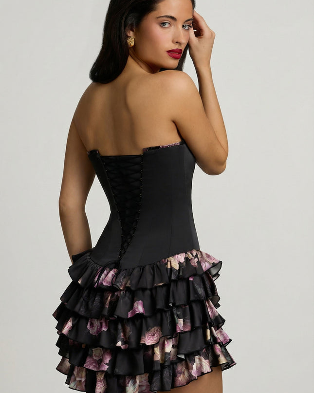 Black Floral Print Strapless Ruffled Tiered Corset Mini Dress