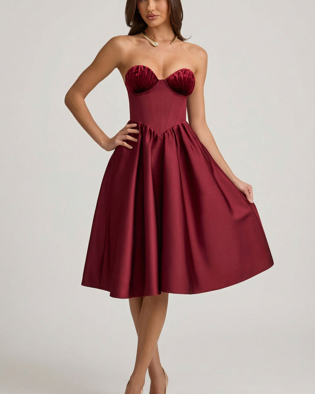 Wine Red Strapless Corset Midi Dress