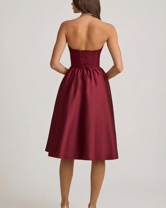 Wine Red Strapless Corset Midi Dress