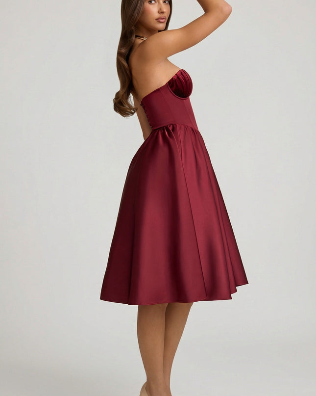 Wine Red Strapless Corset Midi Dress
