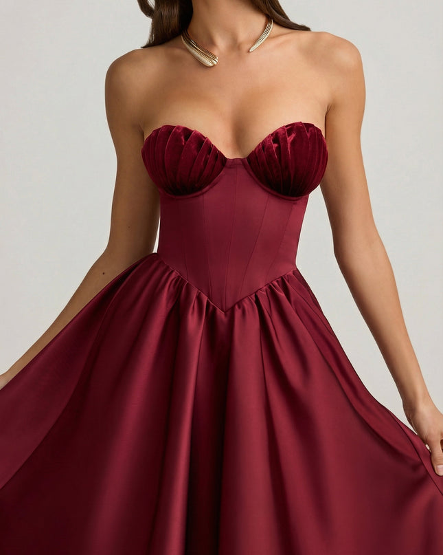 Wine Red Strapless Corset Midi Dress
