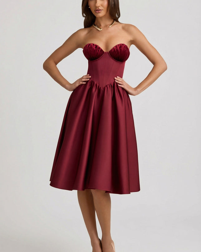 Wine Red Strapless Corset Midi Dress