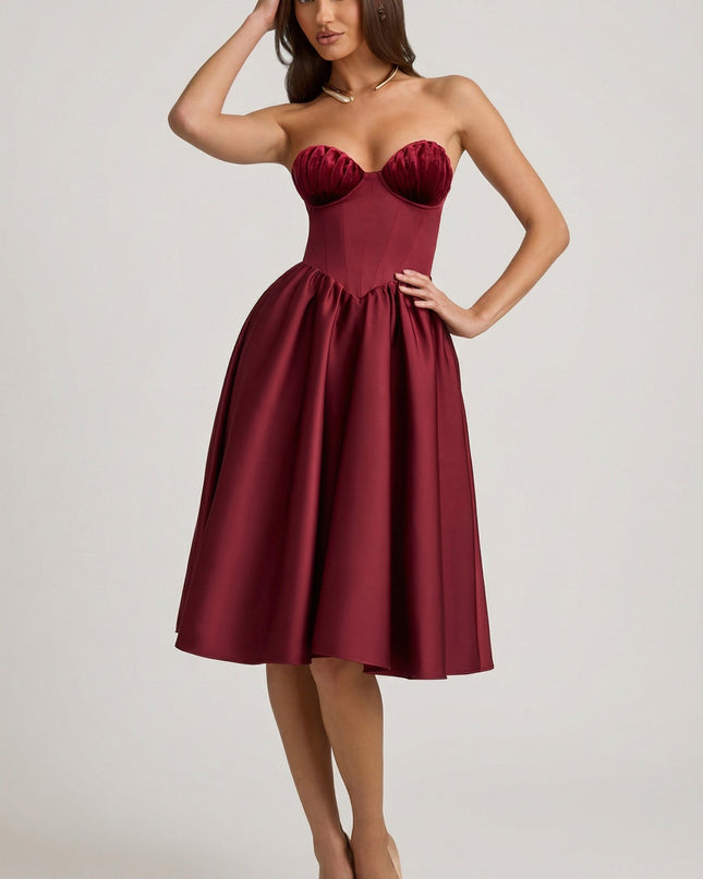 Wine Red Strapless Corset Midi Dress
