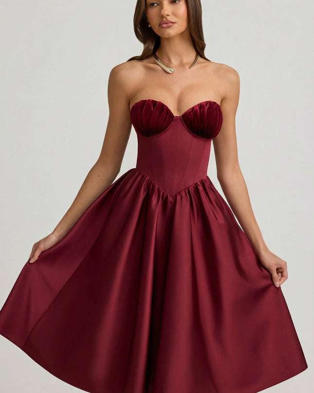 Wine Red Strapless Corset Midi Dress