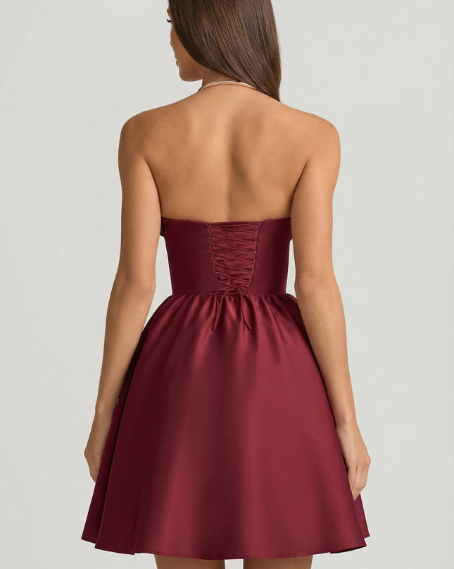 Wine Red Strapless Corset Midi Dress