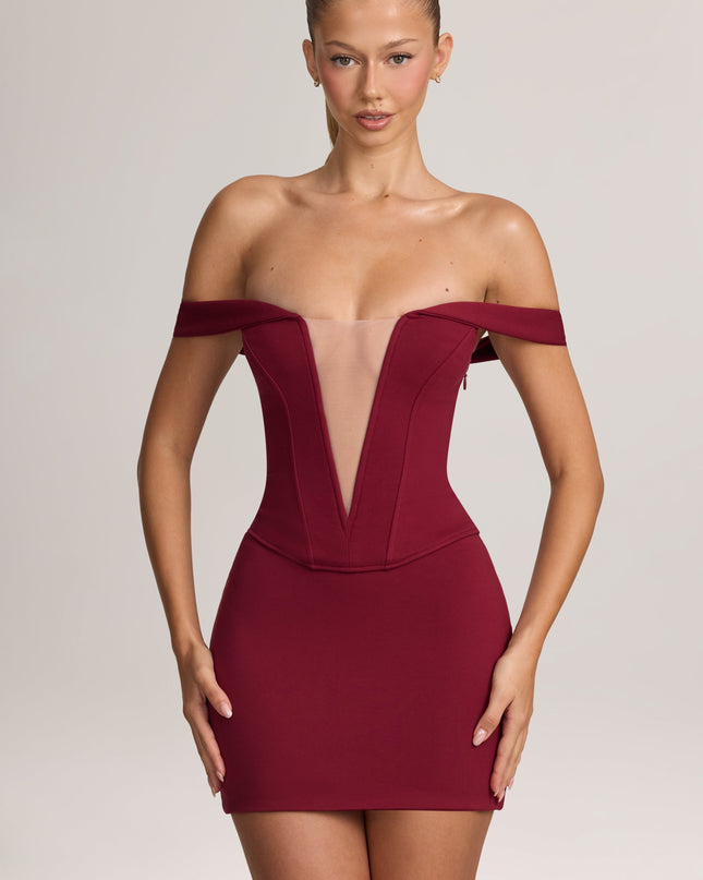 Wine Ponte Bardot Mini Dress