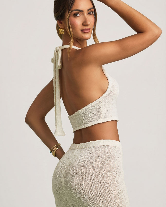 White Bouclé Halterneck Crop Top