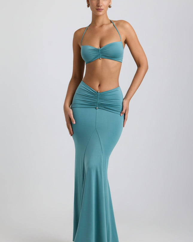 Sea Green Slinky Jersey Hardware Detail Maxi Skirt