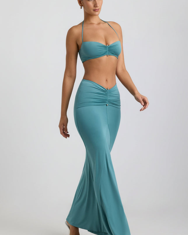 Sea Green Slinky Jersey Hardware Detail Maxi Skirt