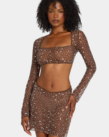 Deep Cocoa Sheer Embellished Long Sleeve Crop Top